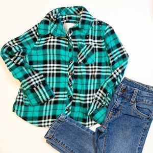JUSTICE girls green/blue plaid button down